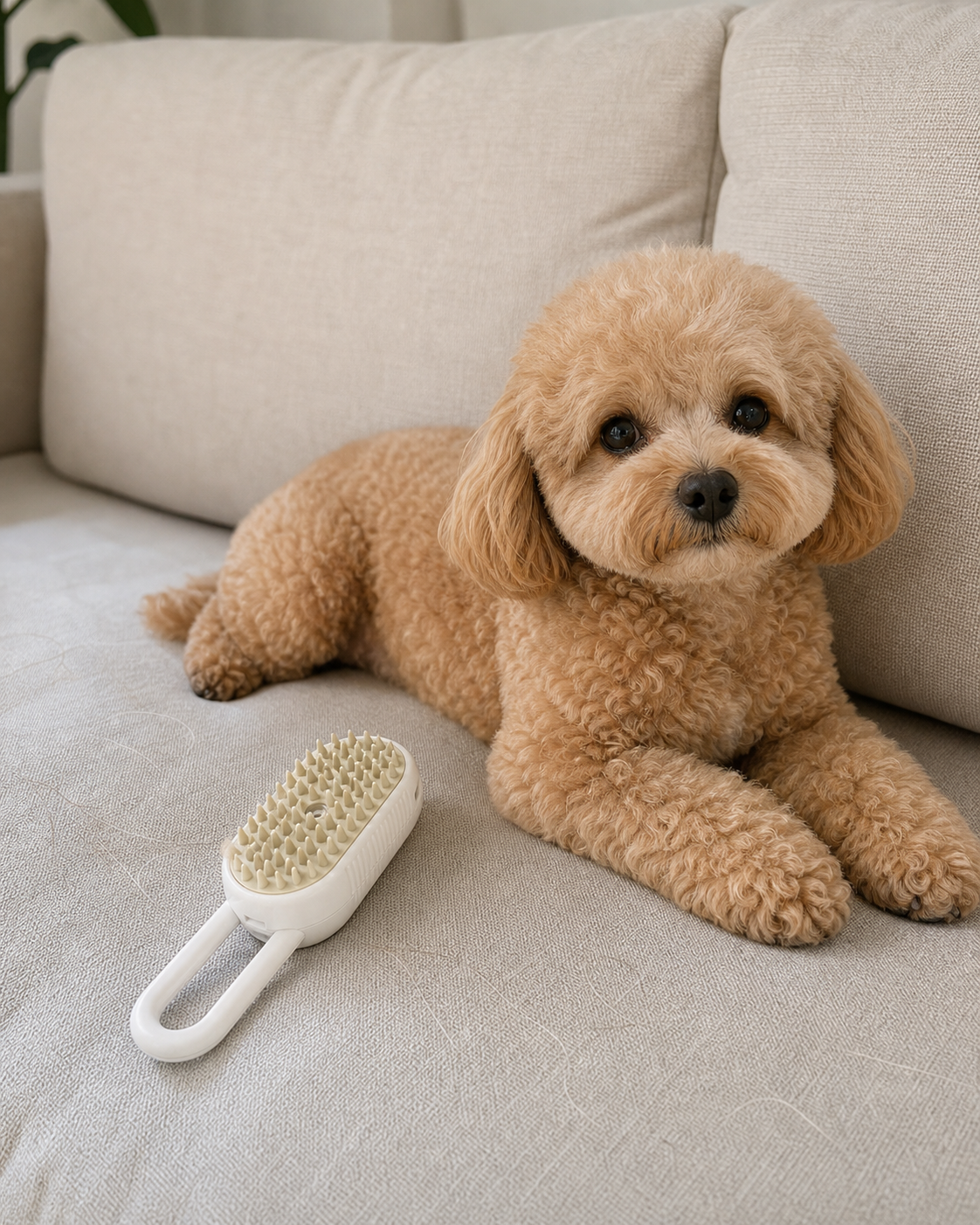 Dog relaxing on sofa after grooming with FurEase