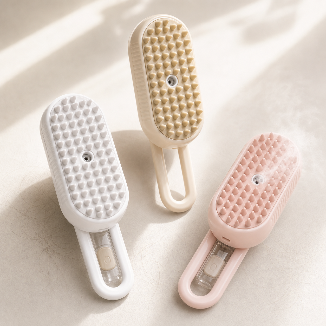 FurEase 3-in-1 Pet Mist Grooming Brush in white, cream, and pink