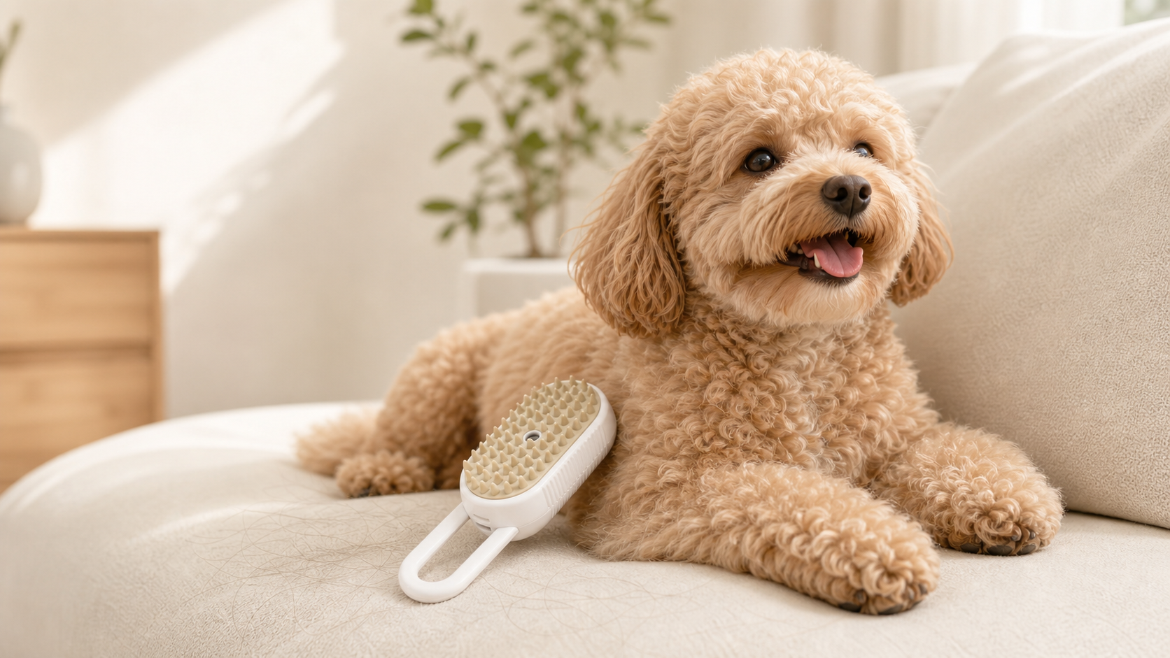 Comfortable dog with FurEase pet mist grooming brush