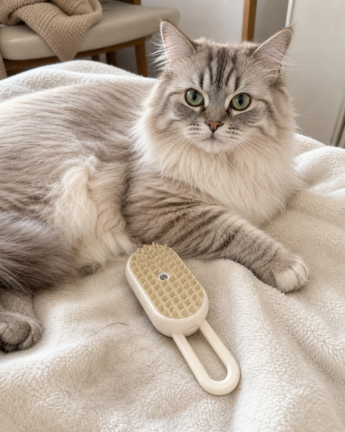 Cat relaxing on blanket after grooming with FurEase
