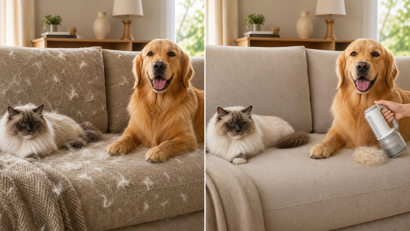 Stronger before and after pet fur cleanup on a living room sofa with FurEase grooming brush